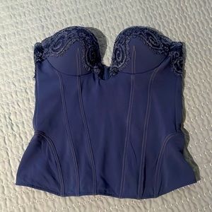 EXQUISITE BLUE CORSET TOP WITH LACE PLUNGING NECKLINE - ITALIAN COUTURE